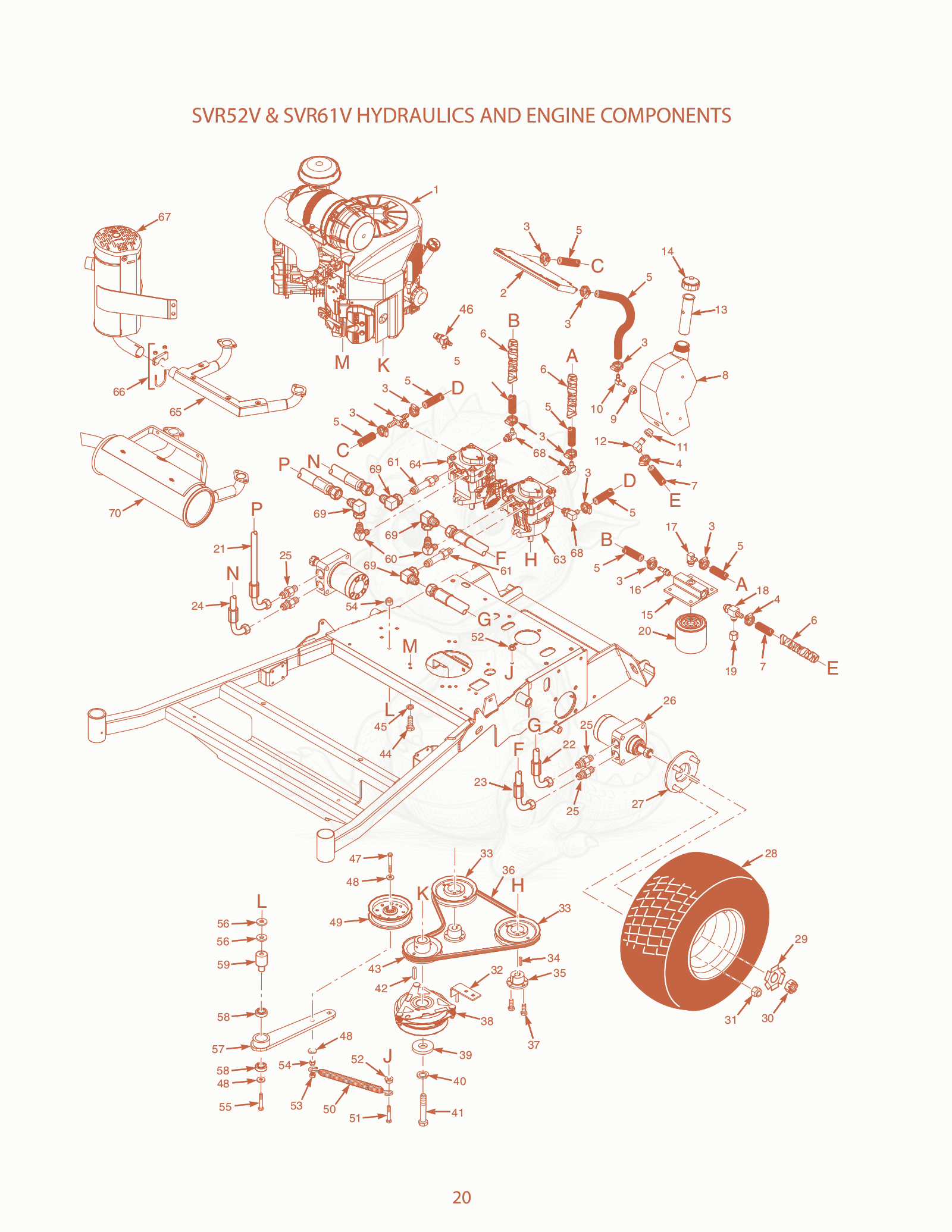 Exploded parts diagram of the SVR52V & SVR61V Hydraulics AND Engine Components of a Scag SVR-52V, with numbered balloons