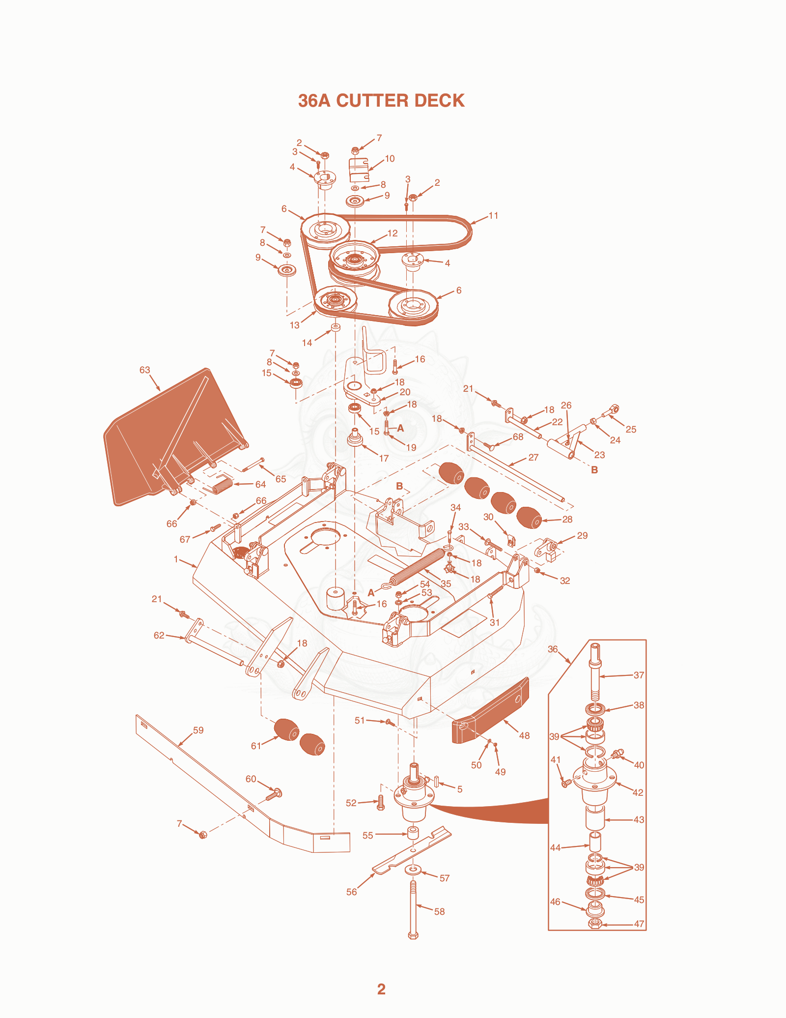 Exploded parts diagram of the 36A Cutter Deck of a Scag SVR-52, with numbered balloons