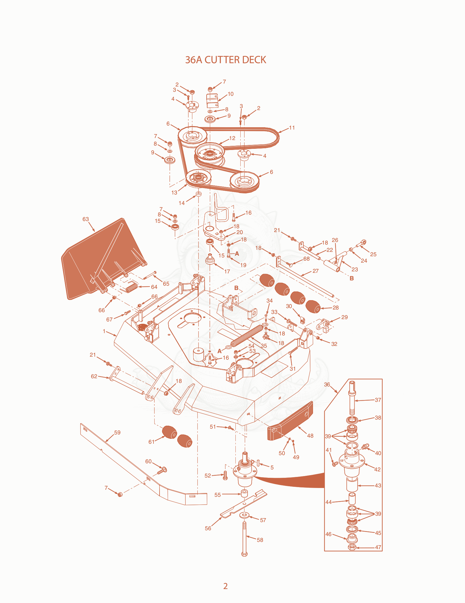 Exploded parts diagram of the 36A Cutter Deck of a Scag SVR-48V, with numbered balloons