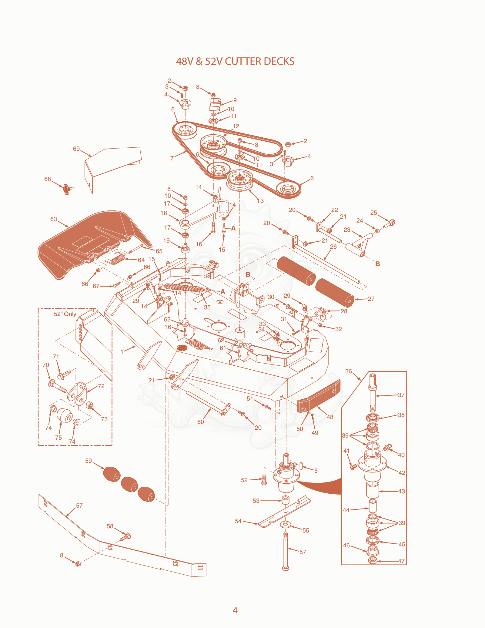 Exploded parts diagram of the 48V & 52V Cutter Decks of a Scag SVR-48, with numbered balloons