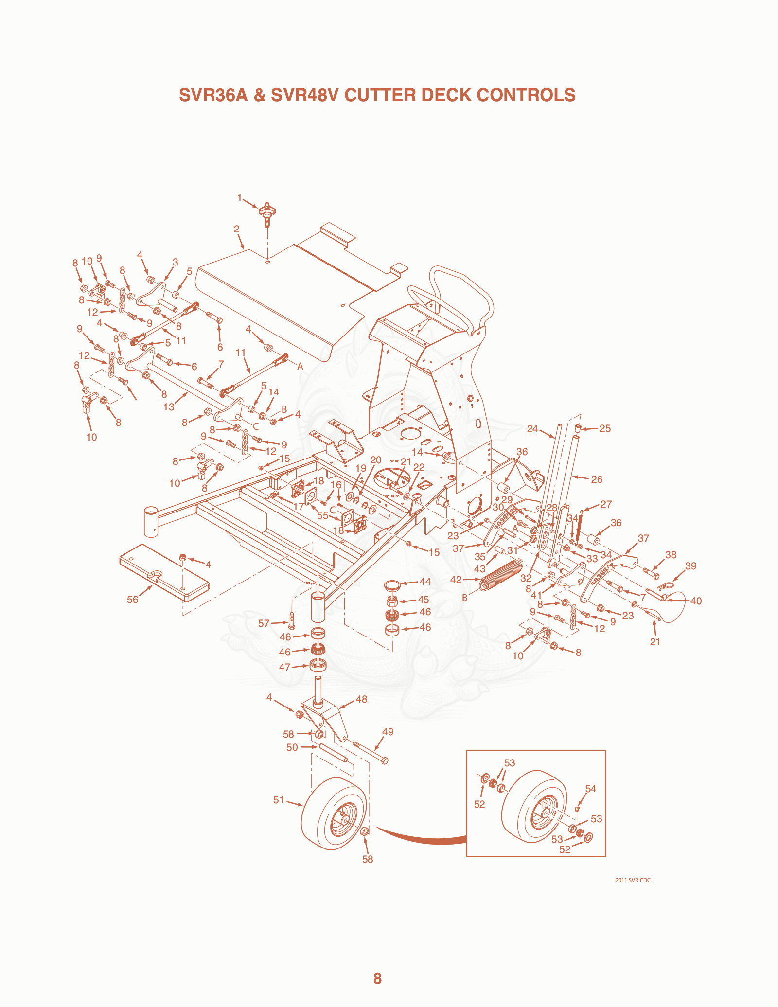 Exploded parts diagram of the SVR36A & SVR48V Cutter Deck Controls of a Scag SVR-52, with numbered balloons