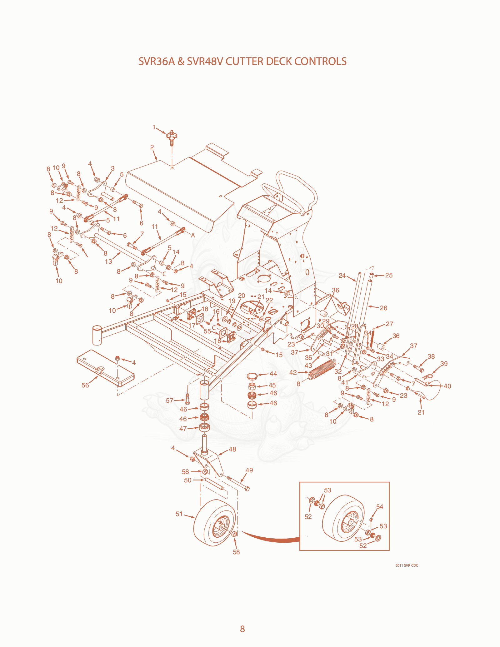 Exploded parts diagram of the SVR36A & SVR48V Cutter Deck Controls of a Scag SVR-61, with numbered balloons